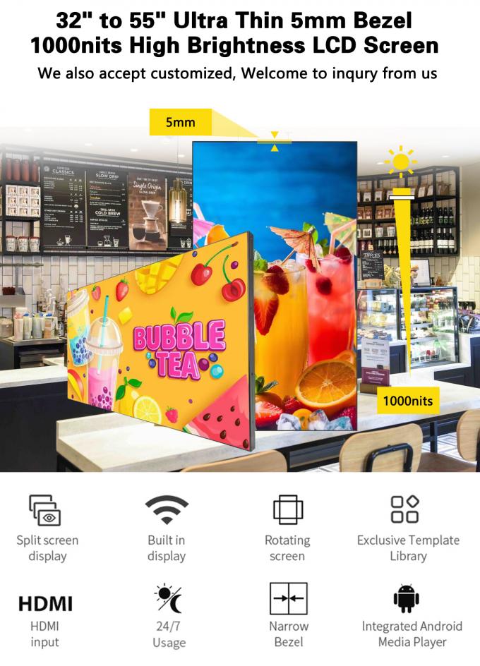 32 ~ 55 polegadas Super Slim wifi Loop LCD Video Wall 1000nit Splice para Shopping Malls Wayfinding Digital Signage Screen Parede 0