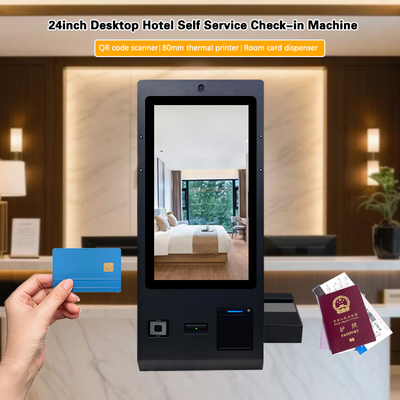 24 polegadas OCR check-in quiosques Com Dispensador de cartão de quarto QR código scanner Impressora de câmera