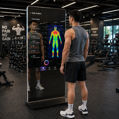 43 polegadas Espelho de vidro câmera térmica LCD touch screen quiosque para atleta