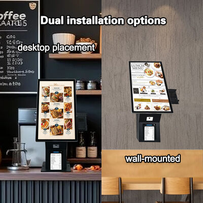 Quiosque de autopagamento para montagem em parede de mesa de 24 polegadas com scanner de código QR e terminal de pagamento POS de impressora térmica